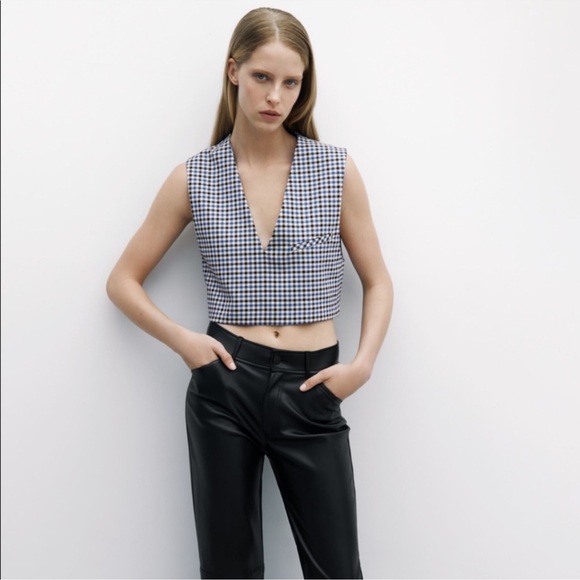 Zara Plaid Crop Top Vest Style | Blue Checkered Sleeveless V-Neck | Small - Picture 1 of 5